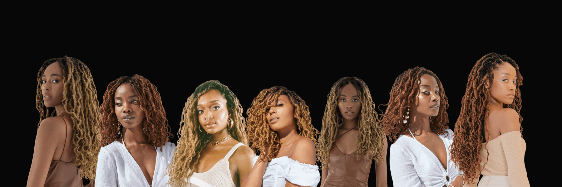 Row of women with styled hair on a black background