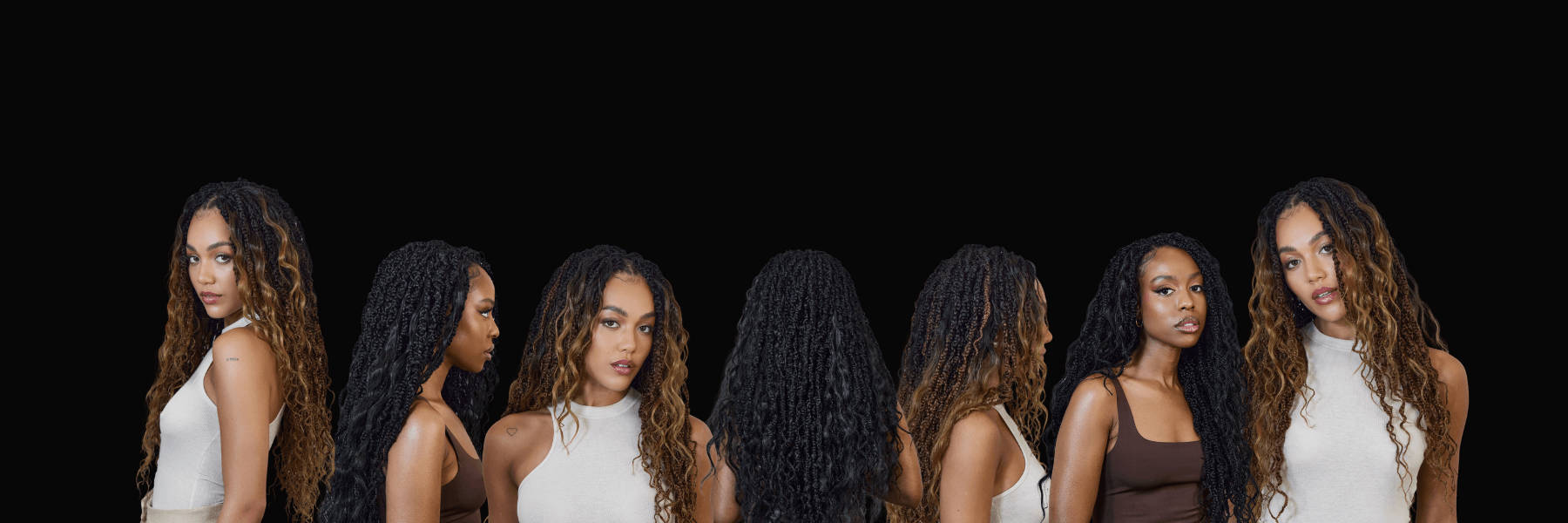 Seven women with styled hair in a row against a black background