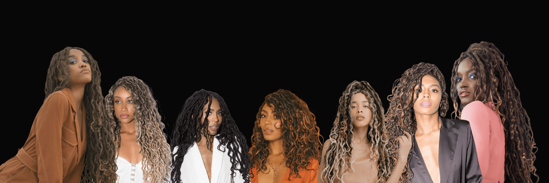 Seven women with various hairstyles standing in a row against a black background