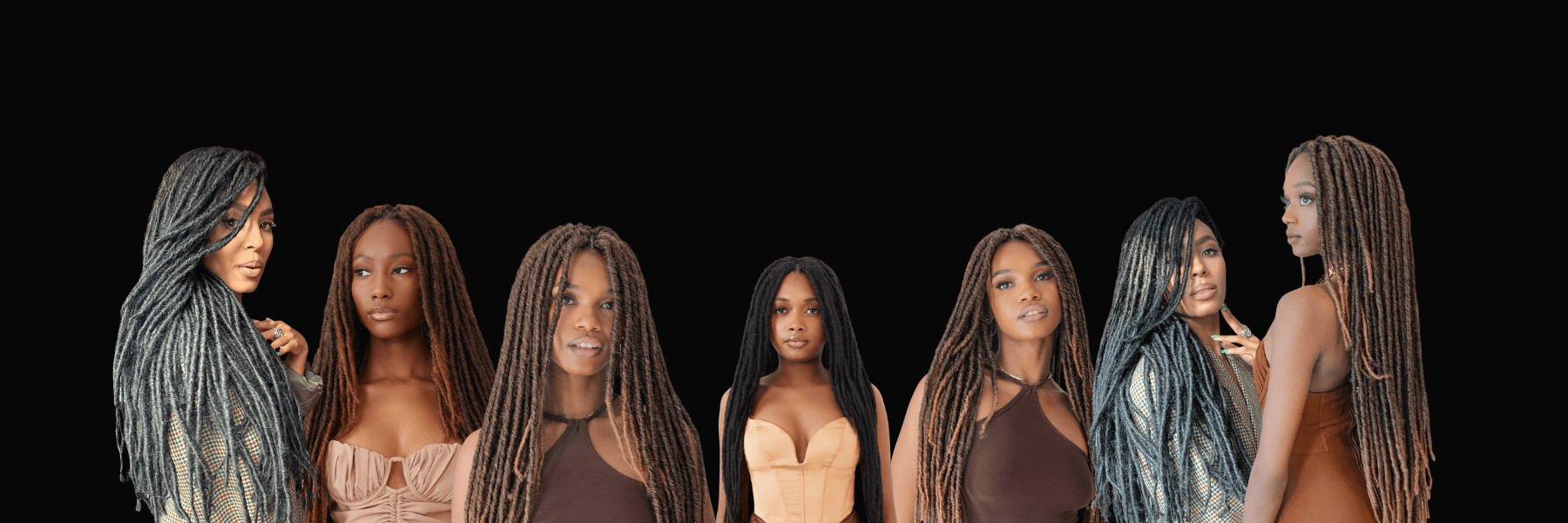 Seven women with styled hair in various colors and textures on a black background